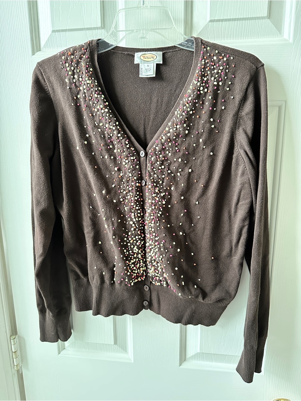Talbots Brown Cardigan with Pink, Cream and Gold Bead Embellishments